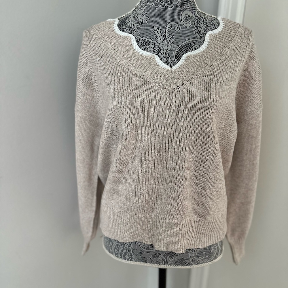 EUC Women’s Sz: S Oversized Tan Ribbon Tie Back Scalloped Collar Sweater.